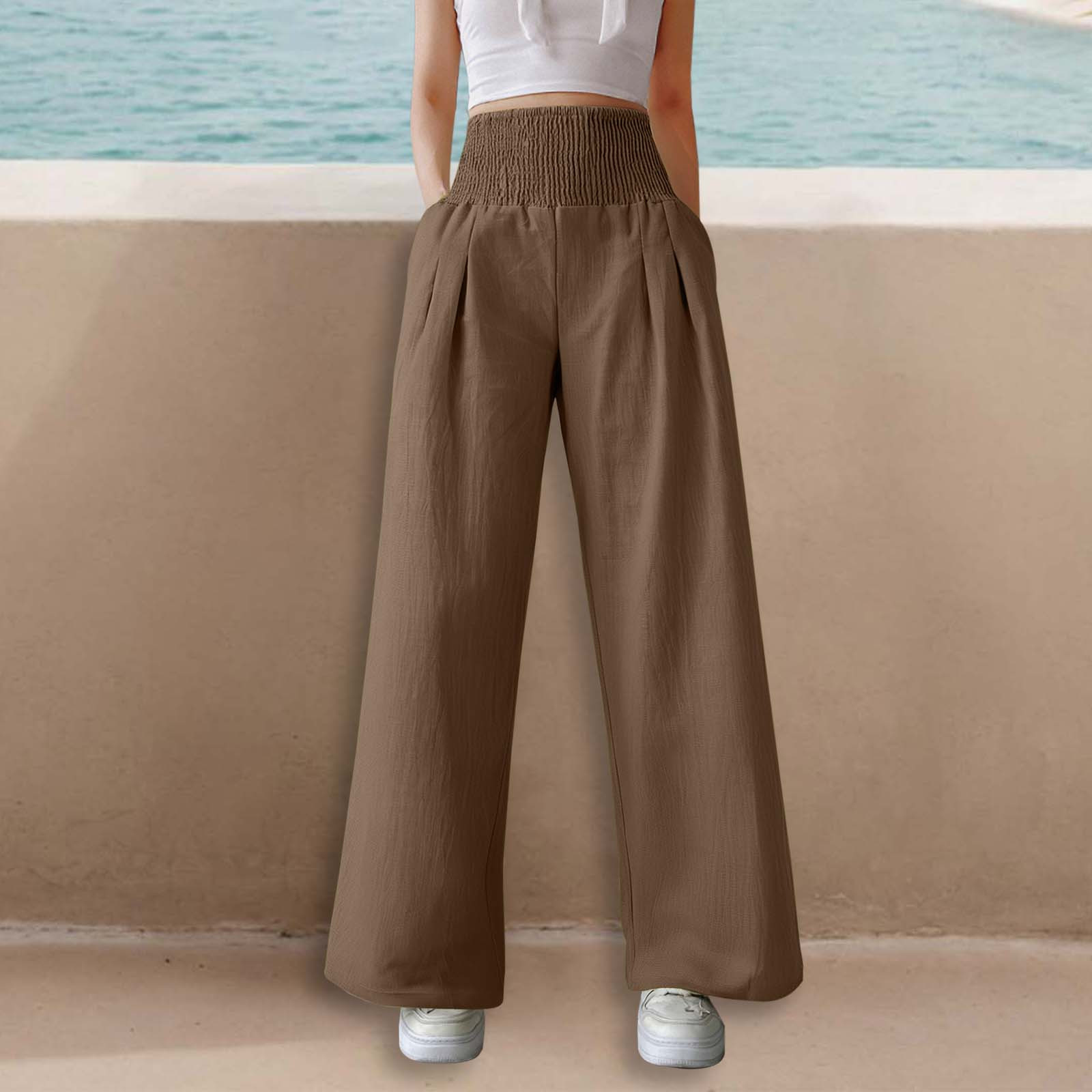 thumbnail image 2 of Pantalones anchos de cintura alta para mujer: elásticos, de color liso, con bolsillos y cinturón, para llevar a diario de forma informal. Tallas: M-XXXL., 2 of 5